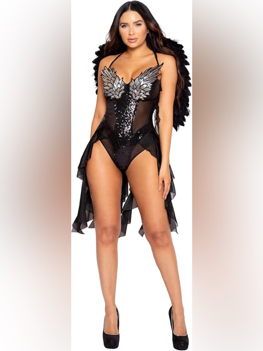 Roma Black Sequin Wing-Embellished One-Piece